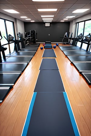 Gym background, A fitness area with various exercise equipment including treadmills, weights, and mats for stretching and yoga, Treadmills, dumbbells, barbells, exercise mats, a punching bag, yoga blocks, resistance bands, and water bottles,