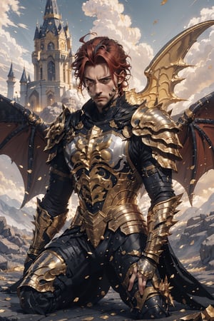 (((fantasy setting, fantasy castle background:1.3))), best quality, extremely detailed, HD, 8k,
EpicMonster, monster, (((1male, formidable man, 20 years old))), handsome face, muscles, muscle man, (((short platinum_red hair:1.3))), (spikehairstyle:1.4), ((blue eyes)), ((big dragon wings, horns in head)), (((golden armor))), ((golden fantasy weapon)),marb1e4rmor

best quality, extremely detailed, HD, 8k, yuzu, , crystal4rmor, [(epic, grandiose artwork:1.4) ::7], (masterpiece:1.4), BREAK (heroic warrior and majestic landscape:1.3), (bloody face,  crying, on the knee, fierce expression, bloody battle-worn heacy armor), [golden heavy armor: silver heavy armor: 0.70], (intense sapphire eyes), (ancient battleground:1.2), (stormy skies:1.1), (sword of destiny:0.8), (towering mountains:0.9), (losing battle:1.4), (dragon's silhouette:0.6), More Detail,