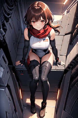 (((light smile, Cargo Bay of large cargo spacecraft background, While investigating in the cargo bay, she accidentally touch hands, sparking the beginning of a deeper connection))), (masterpiece, best quality, 4k), 1girl, (165 cm Height, Short black hair, slightly tousled, Brown Eyes, Athletic and toned), (A tactical pilot suit in black and dark red, designed for agility and movement, A black leather fingerless glove on her right hand, and a red scarf that she keeps tucked under her suit, Sturdy, black combat boots with reinforced soles for maximum grip), Beautiful