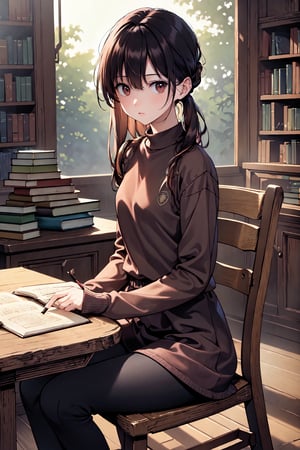 (((inside of Library background in the zombie apocalypse era, Studying survival guides, sitting at an old oak table covered in dusty books, books))), (masterpiece, best quality, 4k), 1girl, (Petite, slender build, bunhairstyle, black hair, has an artistic and delicate presence), (Wears a casual and creative outfit: a loose, colorful tunic, black leggings, and comfortable flats. Often seen with a small sketchbook and a set of colored pencils), Beautiful