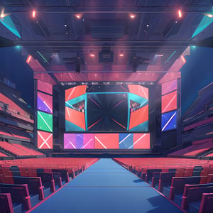 A place where a performance or competition takes place, There are colorful lights, a big screen, a wide stage and audience seats, indoor, (masterpiece),(high quality), best quality, real,(realistic), super detailed, (full detail),(4k),8k,