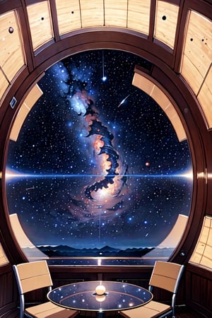 (masterpiece, best quality, 4k), Observation Deck, A serene space with a large, domed window offering a breathtaking view of the stars and distant planets, The deck is quiet, designed for reflection and relaxation, Comfortable chairs facing the window, a small table with a telescope, star charts pinned to the walls