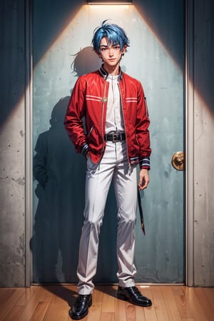 (black eyes, blue hair, yellow skin), calm hair, short cut, asian, asian_clothing, wide shot, full_body, showing shoes, handsome face, human race, light smile, no muscle, private school uniform, red jacket, white colored shirts, white pants, 1 boy, specular highlights, fantasy castle, class room, kdash, no elf ear, human ear, standing up, no elf, shy, calm
