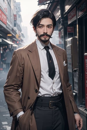 (Hansome face, An strong impression 30-Year-Old Korean male independence activist at 1920s), (Black Hair, short hair, mustache, beard), (Dressed in 1920s style brown long coat, formal suit, necktie), (Foggy Seoul Streets at 1920s), (Dynamic Pose:1.4), Centered, (Waist-up Shot:1.4), From Front Shot, Insane Details, Intricate Face Detail, Intricate Hand Details, Cinematic Shot and Lighting, Realistic and Vibrant Colors, Masterpiece, Sharp Focus, Ultra Detailed, Incredibly Realistic Environment and Scene, 