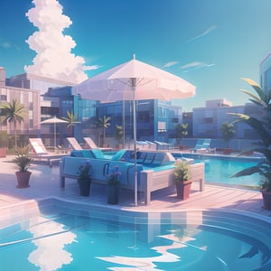 outdoor, swimming pool, top of building, sun bed, parasol, sky, day, cloud, (masterpiece),(high quality), best quality, real,(realistic), super detailed, (full detail),(4k),8k,