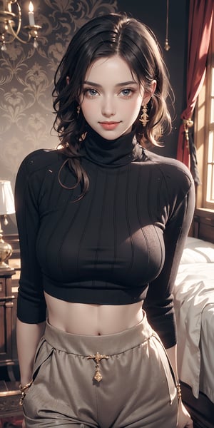 (((medieval turtleneck sweater, medieval pants, dark color hair))), 1girl, big eyes, chibi, Photorealistic, Hyperrealistic, Hyperdetailed, analog style, hip cocked, demure, black lace, detailed skin, matte skin, soft lighting, subsurface scattering, realistic, heavy shadow, masterpiece, best quality, ultra realistic, 8k, golden ratio, Intricate, High Detail, film photography, soft focus, (((fantasy setting, fantasy castle bedroom background))), beautiful eyes, perfect body, happy, big smile