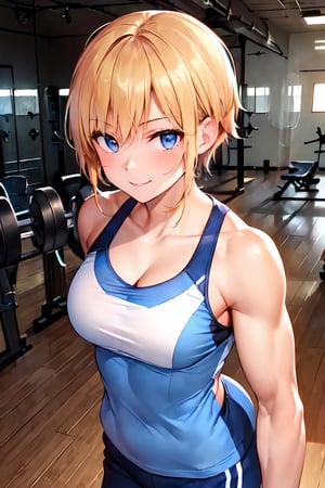 (((light smile, Gym in bunker background, work out, sharing encouraging words and light touches))), 1girl, 1boy, (Muscular and fit physique, short blonde hair, blue eyes), (wearing sexy military uniforms), Beautiful