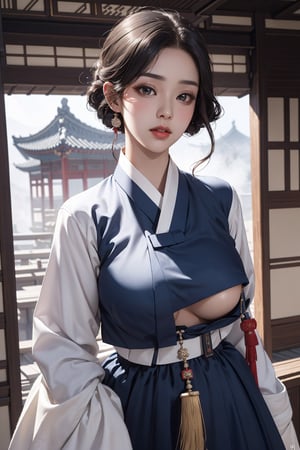 (An Elegant 28-Year-Old Korean Female at 1920s), (Black Hair, hair style of Korean Female at 1920s), (Inquisitive Sapphire Gaze:1.4), (((Large breast, Dressed in Hanbok:1.4))), (Foggy Seoul Streets at 1920s), (Dynamic Pose:1.4), Centered, (Waist-up Shot:1.4), From Front Shot, Insane Details, Intricate Face Detail, Intricate Hand Details, Cinematic Shot and Lighting, Realistic and Vibrant Colors, Masterpiece, Sharp Focus, Ultra Detailed, Incredibly Realistic Environment and Scene, Master Composition,hanbok