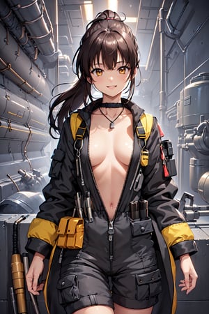 (((happy, big smile, nudity, daring, revealing, skimpy outfit, Living Quarters of cargo spacecraft background, Spending the night, she grow closer, sharing deep, intimate conversations))), (masterpiece, best quality, 4k), 1girl, (158 cm Height, Long black hair, tied back into a tidy ponytail, Large eyes, expressive dark brown eyes, Petite but strong), (A practical engineer’s jumpsuit in dark grey with yellow accents, covered with pockets for tools and gadgets, A utility belt equipped with various tools, and a small pendant hidden under her jumpsuit, Lightweight), Beautiful