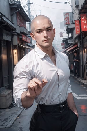 (1 man, gangster, 40-Year-Old male at 1920s), (skin head, shaved hair, scar face, muscle, muscle body), (Dressed in 1920s style clothing), (Foggy Seoul Streets at 1920s), (Dynamic Pose:1.4), Centered, (Waist-up Shot:1.4), From Front Shot, Insane Details, Intricate Face Detail, Intricate Hand Details, Cinematic Shot and Lighting, Realistic and Vibrant Colors, Masterpiece, Sharp Focus, Ultra Detailed, Incredibly Realistic Environment and Scene