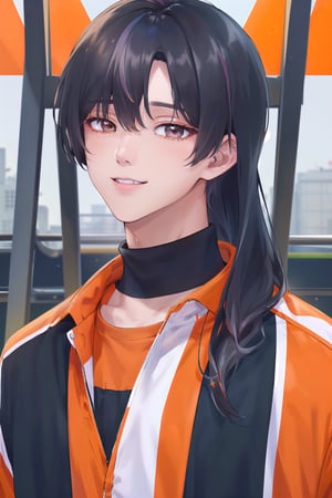 (((solo, looking at viewer))),(masterpiece, best quality), (((1boy, 30yo, handsome face, black color hair, black long hair))),  (((black color gym suit, orange color stripes))), big smile, blue sky, park background,kpop,boy