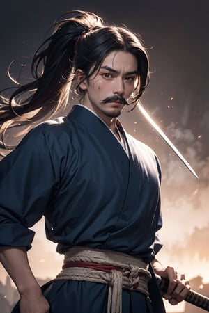 (1 strong man, An strong impression 20-Year-Old Samurai at 1920s, scar on the face), (Black Hair, long_ponytail, small mustache, muscle, muscle body), (Dressed in 1920s style dark navy Samurai long clothes, japanese long sword), (Foggy Seoul Streets at 1920s), (Dynamic Pose:1.4), Centered, (Waist-up Shot:1.4), From Front Shot, Insane Details, Intricate Face Detail, Intricate Hand Details, Cinematic Shot and Lighting, Realistic and Vibrant Colors, Masterpiece, Sharp Focus, Ultra Detailed, Incredibly Realistic Environment and Scene, 