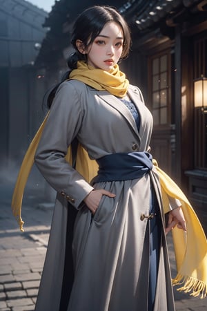 (An strong impression 20-Year-Old Korean Female independence activist at 1920s), (Black Hair, Long hair tied back, a few long strands flowing forward), (Inquisitive Sapphire Gaze:1.4), (Dressed in gray thick and long coat, Long yellow scarf, long skirt.:1.4), (Foggy Seoul Streets at 1920s), (Dynamic Pose:1.4), Centered, (Waist-up Shot:1.4), From Front Shot, Insane Details, Intricate Face Detail, Intricate Hand Details, Cinematic Shot and Lighting, Realistic and Vibrant Colors, Masterpiece, Sharp Focus, Ultra Detailed, Incredibly Realistic Environment and Scene, 
