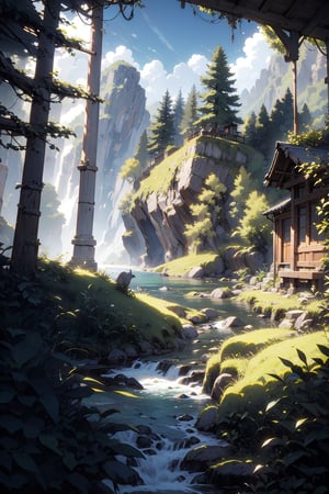 (((Magic Forest))), landscape, river, forest, mountains, summer, stunningly beautiful, crisp, detailed, sleek, high contrast, cinematic, ultra detailed, intricate, professional