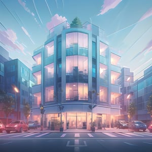 k-pop idol management company, scenery, outdoors, motor vehicle, sky, car, tree, ground vehicle, cloud, building, road, window, street, walking, day, lamppost, blue sky, city, sign, crosswalk, (masterpiece),(high quality), best quality, real,(realistic), super detailed, (full detail),(4k),8k,