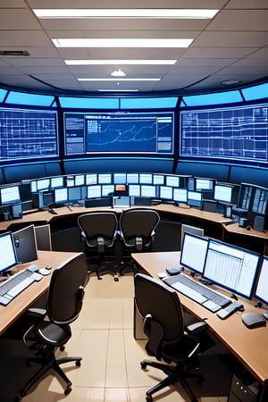 Control Room background, A high-tech room filled with computer monitors, control panels, and various instruments to monitor the outside world and control the bunker’s functions, Multiple monitors, control panels, a large central desk, keyboards, security cameras, a first-aid kit, and emergency lights,