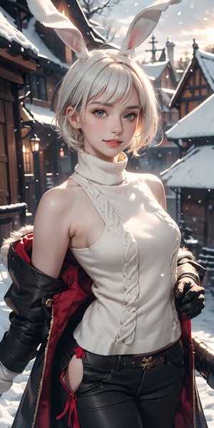 best quality, extremely detailed, HD, 8k, 1 girl, ah1,Ahri, white rabbit women, (((big rabbit ears in head, 5_figners, short white hair, whit color hair))), lure, medieval merchant, 15yo, bangs, cute face, short height, slim body, small breasts, beautiful eyes, perfect body, (((fantasy setting, medieval village background, wearing medieval turtleneck sweater, medieval pants, long winter coat, winter gloves, gatherbelt))), beautiful eyes, perfect body, happy, big smile, realistic, parted lips, blush, makeup, glow, thighs, bare shoulders, collarbone, narrow waist, sunbeam, sunlight, rose, wind, (masterpiece),