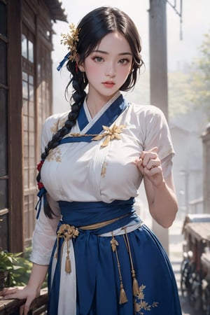 (1 women, beutiful face, 20-Year-Old female at 1920s), (Black Hair, braided hair back, sexy pose, sexy body, big breasts), (Dressed in 1920s style colorful hanbok), (Foggy Seoul Streets at 1920s), (Dynamic Pose:1.4), Centered, (Waist-up Shot:1.4), From Front Shot, Insane Details, Intricate Face Detail, Intricate Hand Details, Cinematic Shot and Lighting, Realistic and Vibrant Colors, Masterpiece, Sharp Focus, Ultra Detailed, Incredibly Realistic Environment and Scene, ,Samurai girl