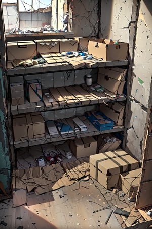 (((A makeshift safe zone created in an abandoned building, heavily fortified with barricades and scavenged materials. Inside, it has basic amenities and is cluttered but functional, Barricades, Makeshift wooden and metal barriers, Survival Gear, MREs, medical supplies, Shelves and Boxes, Filled with collected items))), (masterpiece, best quality, 4k)