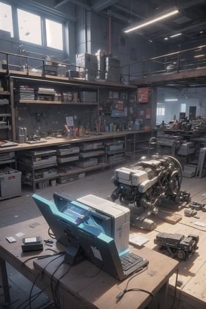 Indoor, Tech Development Room, The room where advanced cyborg technologies are developed and tested, Workbenches, tools, prototype models, blueprints, high qualitry, 4k