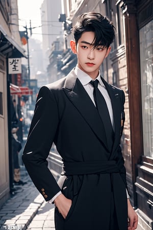 ((((1 young man, An strong impression 18-Year-Old Korean male student at 1920s)))), (Black Hair, man short haircut), (Dressed in man's black school uniform), (Foggy Seoul Streets at 1920s), (Dynamic Pose:1.4), Centered, (Waist-up Shot:1.4), From Front Shot, Insane Details, Intricate Face Detail, Intricate Hand Details, Cinematic Shot and Lighting, Realistic and Vibrant Colors, Masterpiece, Sharp Focus, Ultra Detailed, Incredibly Realistic Environment and Scene