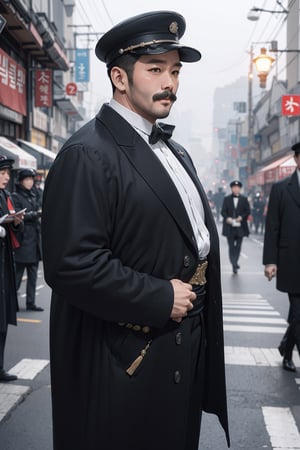 ((((1 big man, An strong impression 40-Year-Old Korean male independence activist at 1920s)))), (Black Hair, short hair, mustache, 1920s golf cap), (Dressed in 1920s style brown thick and long coat, man's black winter sweater), (Foggy Seoul Streets at 1920s), (Dynamic Pose:1.4), Centered, (Waist-up Shot:1.4), From Front Shot, Insane Details, Intricate Face Detail, Intricate Hand Details, Cinematic Shot and Lighting, Realistic and Vibrant Colors, Masterpiece, Sharp Focus, Ultra Detailed, Incredibly Realistic Environment and Scene, 