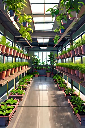 Hydroponics in bunker background, An indoor garden with various plants, a small fountain, and benches for relaxation, The room is filled with natural light from skylights above, Potted plants, a small fountain, garden benches, gardening tools (trowels, watering cans), and hanging planters,
