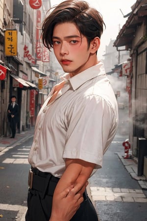 ((((1 young man, An strong impression 18-Year-Old Korean male student at 1920s)))), (Black Hair, man short haircut), (Dressed in man's black school uniform), (Foggy Seoul Streets at 1920s), (Dynamic Pose:1.4), Centered, (Waist-up Shot:1.4), From Front Shot, Insane Details, Intricate Face Detail, Intricate Hand Details, Cinematic Shot and Lighting, Realistic and Vibrant Colors, Masterpiece, Sharp Focus, Ultra Detailed, Incredibly Realistic Environment and Scene,Heymans Breda,hairy
