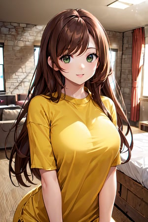 (((Living Quarters in bunker background, helps arrange living spaces, adding artistic touches to brighten the area))), 1girl, (Curvy figure, long brown hair, green eyes), (Enjoys vibrant and artistic fashion, often seen in colorful and expressive outfits), (((upper body, light smile))), Beautiful