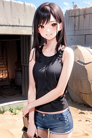 1girl, (Medium height, slim build, long black hair, brown eyes), (wearing tank top, hot pants), (((big smile, Living Quarters in bunker background, have a heartfelt conversation, solidifying their bond))), Beautiful