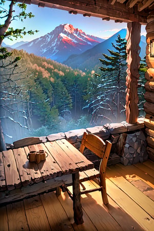 (((A secluded mountain cabin, rustic and simple, The interior is cozy with a stone fireplace, wooden furniture, and a view of the surrounding forest, Stone Fireplace, Functional for warmth, Wooden Furniture, Tables and chairs, Blankets and Rugs, For comfort, Outdoor View, Overlooking the forest))), (masterpiece, best quality, 4k)