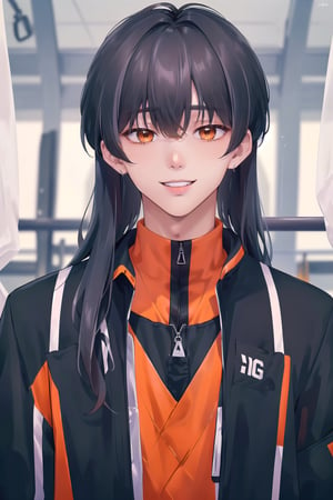 (((solo, looking at viewer))),(masterpiece, best quality), (((1boy, 30yo, handsome face, black color hair, black long hair))),  (((black color gym suit, orange color stripes))), big smile, blue sky, park background,kpop,boy