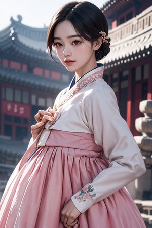 (An Elegant 18-Year-Old Korean Female at 1920s), (Black Hair, hair style of Korean Female at 1920s), (Short height, Cute face, A dignified and dignified expression:1.4), (Dressed in Pink color Hanbok:1.4), (Seoul Streets with Sunshine in the 1920s), (Dynamic Pose:1.4), Centered, (Waist-up Shot:1.4), From Front Shot, Insane Details, Intricate Face Detail, Intricate Hand Details, Cinematic Shot and Lighting, Realistic and Vibrant Colors, Masterpiece, Sharp Focus, Ultra Detailed, Incredibly Realistic Environment and Scene,