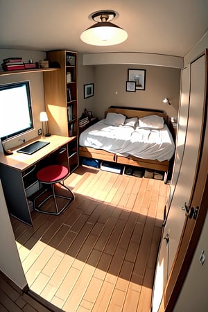 Living Quarters background, Personal living spaces with beds, personal storage, and small desks, Each quarter is decorated to reflect the occupant's personality and interests.	Beds, bedside tables, personal storage units, small desks, chairs, personal items (photos, posters), and desk lamps,