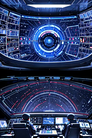 (masterpiece, best quality, 4k), The central command center of the spaceship where all navigation and communication systems are controlled, The bridge offers a panoramic view of space through large windows, with various control panels and monitors displaying real-time data, chair at the center, surrounded by control consoles, holographic displays, and communication terminals, A star map projector displaying the current course