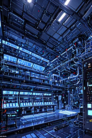 (masterpiece, best quality, 4k), Engine Room, The heart of the spaceship, where the engines and power systems are housed, The room is filled with the hum of machinery, and the walls are lined with pipes, cables, and control panels monitoring the ship's energy output, Large turbines, coolant tanks, a tool chest for repairs, and a central control panel with flashing indicators