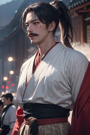 (1 strong man, An strong impression 20-Year-Old Samurai at 1920s, scar on the face), (Black Hair, long_ponytail, mustache, muscle, muscle body), (Dressed in 1920s style Samurai clothes, japanese long sword), (Foggy Seoul Streets at 1920s), (Dynamic Pose:1.4), Centered, (Waist-up Shot:1.4), From Front Shot, Insane Details, Intricate Face Detail, Intricate Hand Details, Cinematic Shot and Lighting, Realistic and Vibrant Colors, Masterpiece, Sharp Focus, Ultra Detailed, Incredibly Realistic Environment and Scene, 