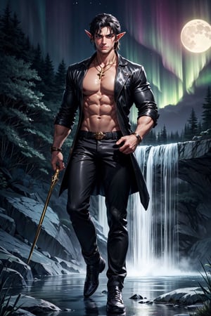 ((elf ear, pointed ear)), (black eyes, black hair, white skin), two big horns on the head, Thancred Waters, wide shot, full_body, showing shoes, closed mouth, black jacket, white shirt, male, gold rings, gold symbol necklace, black pants, muscular, abs, pectorals, muscular male, bara, large pectorals, open coat, open fly, bare pectorals, specular highlights, (enchanted forest, waterfall, fullmoon behind head, aurora, glitter arond, mist around),  OoT_Ganondorf_Zelda, cold, kdash