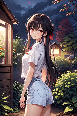 (((light smile, outdoor, Cabin background in the zombie apocalypse era, Building a small garden, planting seeds and hoping for new growth))), (masterpiece, best quality, 4k), 1girl, (Petite, slender build, bunhairstyle, black hair, has an artistic and delicate presence), (Wears a casual and creative outfit, a loose, colorful blouse, hot pants, and comfortable flats. Often seen with a small sketchbook and a set of colored pencils), Beautiful