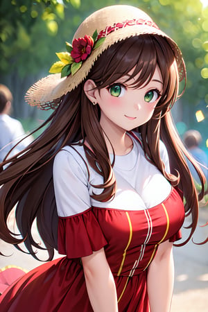 1girl, (Curvy figure, long brown hair, green eyes), (Enjoys vibrant and artistic fashion, often seen in colorful and expressive outfits), (((upper body, light smile))), Beautiful