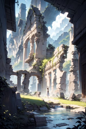 (((Ancient Ruins))), landscape, river, forest, mountains, summer, stunningly beautiful, crisp, detailed, sleek, high contrast, cinematic, ultra detailed, intricate, professional