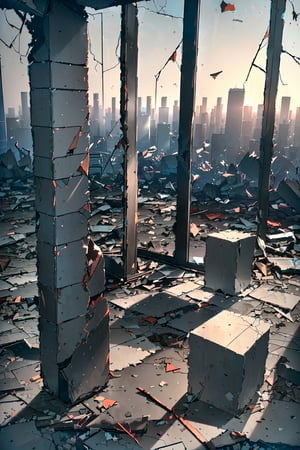 (((A high-rise building with shattered windows and debris scattered across the floors, The rooftop offers a panoramic view of the desolate city below, Broken Glass, From shattered windows, Rubble, Scattered debris, Rooftop Access, Broken stairs or ladders, Cityscape View, Overlooking the abandoned city))), (masterpiece, best quality, 4k)