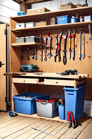 Workshop background, A practical area with tools and materials for repairs and creative projects, including workbenches and storage for equipment, Workbenches, toolboxes, power tools (drills, saws), safety goggles, storage shelves, and raw materials (wood, metal),