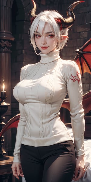 best quality, extremely detailed, HD, 8k, EpicMonster, monster, 1girl, (((white hair, dragon wings, two horns in head, red eyes, tattoos))), fire jewelry, muscle, muscle body, strong body, (((fantasy setting, fantasy castle bedroom background, wearing medieval turtleneck sweater, medieval pants))), beautiful eyes, perfect body, happy, big smile