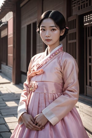 (An Elegant 18-Year-Old Korean Female at 1920s), (Black Hair, hair style of Korean Female at 1920s), (Short height, Cute face, A dignified and dignified expression:1.4), (Dressed in Pink color Hanbok:1.4), (Seoul Streets with Sunshine in the 1920s), (Dynamic Pose:1.4), Centered, (Waist-up Shot:1.4), From Front Shot, Insane Details, Intricate Face Detail, Intricate Hand Details, Cinematic Shot and Lighting, Realistic and Vibrant Colors, Masterpiece, Sharp Focus, Ultra Detailed, Incredibly Realistic Environment and Scene