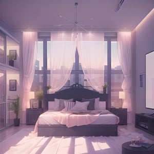 indoor, apartment luxury bed room, window, pictures, lights, sky, balcony, bed, table, tv, (masterpiece),(high quality), best quality, real,(realistic), super detailed, (full detail),(4k),8k,