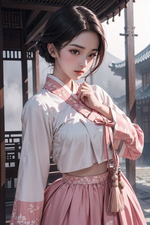 (An Elegant 18-Year-Old Korean Female at 1920s), (Black Hair, hair style of Korean Female at 1920s), (Short height, Cute face, A dignified and dignified expression:1.4), (Dressed in Pink color Hanbok:1.4), (Foggy Seoul Streets at 1920s), (Dynamic Pose:1.4), Centered, (Waist-up Shot:1.4), From Front Shot, Insane Details, Intricate Face Detail, Intricate Hand Details, Cinematic Shot and Lighting, Realistic and Vibrant Colors, Masterpiece, Sharp Focus, Ultra Detailed, Incredibly Realistic Environment and Scene,hanbok