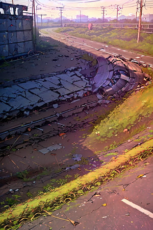 (((An abandoned stretch of highway with overturned vehicles, cracked asphalt, and overgrown weeds, The scene is desolate and feels isolated, Overturned Vehicles, Abandoned and rusted, Cracked Asphalt, Overgrown with weeds, Road Signs, Damaged or missing, Highway Barriers, Broken or toppled))), (masterpiece, best quality, 4k)