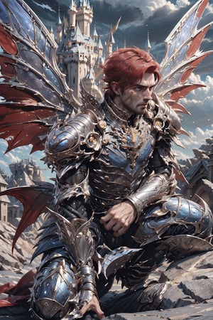 (((fantasy setting, fantasy castle background:1.3))), best quality, extremely detailed, HD, 8k,
EpicMonster, monster, (((1male, formidable man, 20 years old))), handsome face, muscles, muscle man, (((short platinum_red hair:1.3))), (spikehairstyle:1.4), ((blue eyes)), ((big dragon wings, horns in head)),,fr4ctal4rmor

best quality, extremely detailed, HD, 8k, yuzu, , crystal4rmor, [(epic, grandiose artwork:1.4) ::7], (masterpiece:1.4), BREAK (heroic warrior and majestic landscape:1.3), (bloody face,  crying, on the knee, fierce expression, bloody battle-worn heacy armor), [golden heavy armor: silver heavy armor: 0.70], (intense sapphire eyes), (ancient battleground:1.2), (stormy skies:1.1), (sword of destiny:0.8), (towering mountains:0.9), (losing battle:1.4), (dragon's silhouette:0.6), More Detail,