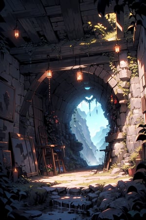 (((dungeon in a rocky mountain, dark dungeon, dark tunnel))), landscape, river, forest, mountains, summer, stunningly beautiful, crisp, detailed, sleek, high contrast, cinematic, ultra detailed, intricate, professional